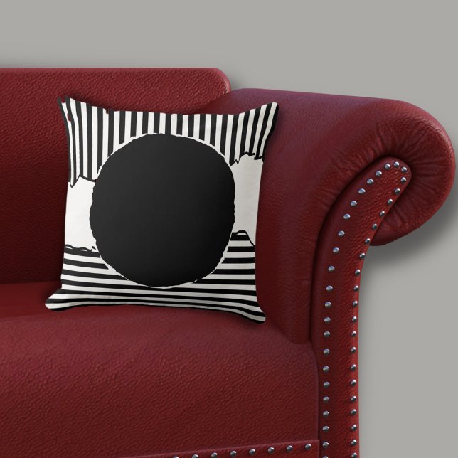 Modern Black & White Stripes Black Dot  Throw Pillow (Modern Black & White Centered Circle Throw Pillow on Red Sofa)
