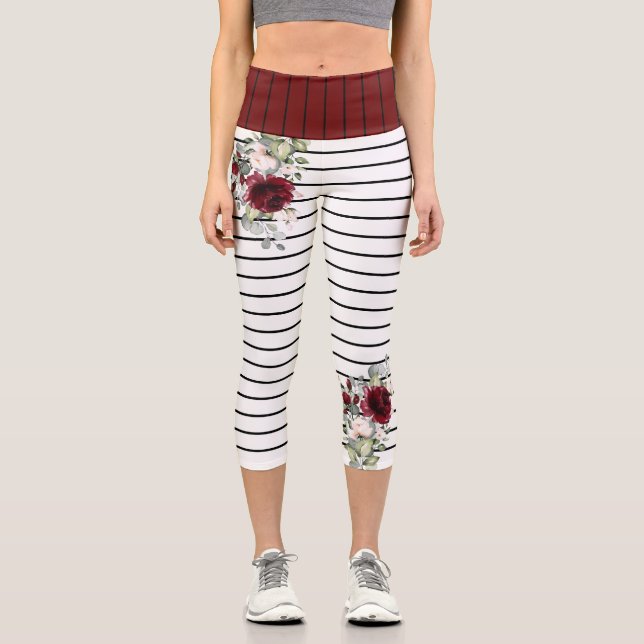 Modern Black White Stripes Burgundy Floral Pattern Capri Leggings (Front)
