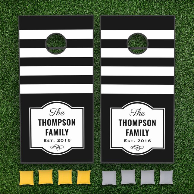 Modern Black White Stripes Custom Family Monogram Cornhole Set (Creator Uploaded)