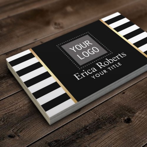 Modern Black  White Stripes Custom Logo Business Card