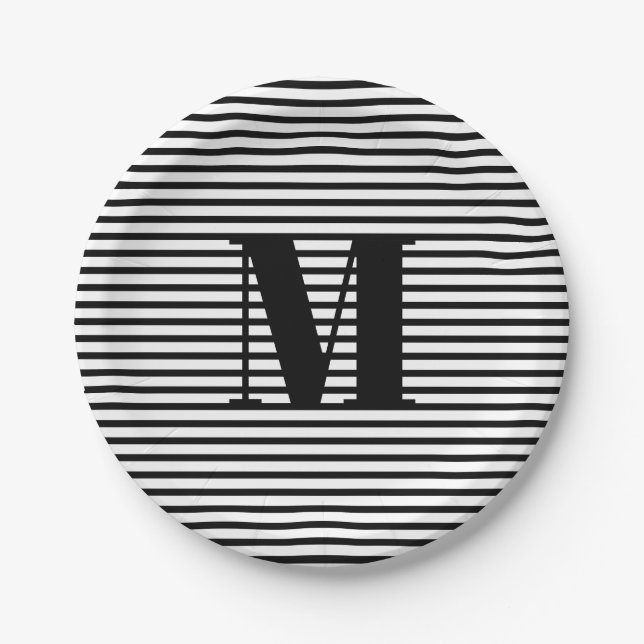 Modern black white stripes custom monogram initial paper plates (Front)