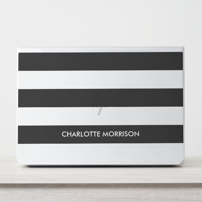 Modern black white stripes custom name monogram HP laptop skin (Front)