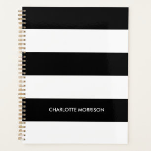 Modern black white stripes custom name monogram planner