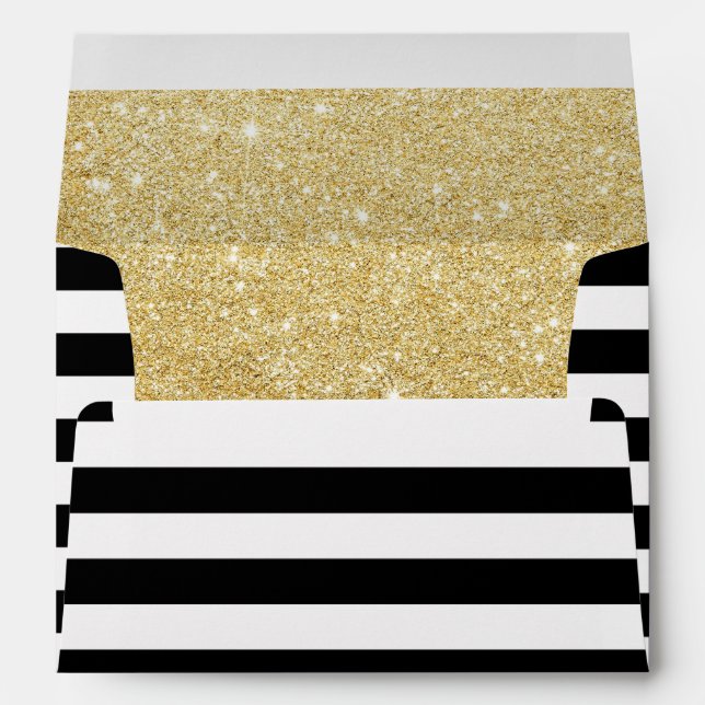 Modern Black & White Stripes Elegant Gold Glitter Envelope (Back (Bottom))