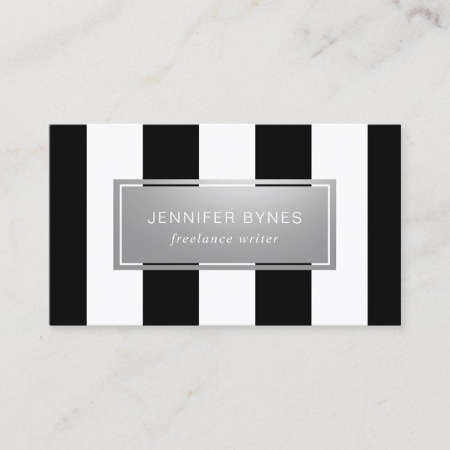 Modern Black & White Stripes - Faux Silver Business Card (Front)