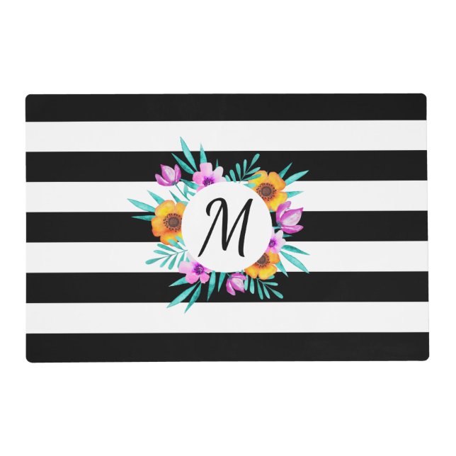 Modern Black White Stripes Floral Monogram Placemat (Front)