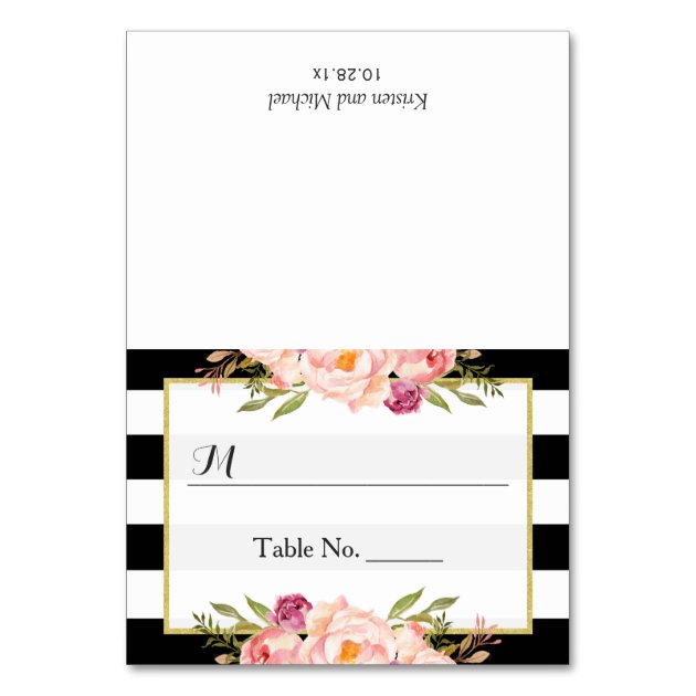 Modern Black White Stripes Floral Wedding Place Card