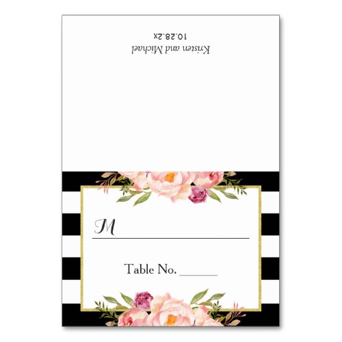 Modern Black White Stripes Floral Wedding Place Table Number