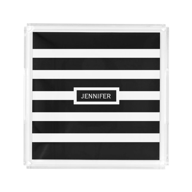 Modern Black & White Stripes Geometric Pattern Acrylic Tray (Front)