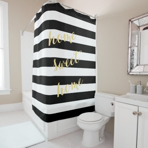 Modern Black White Stripes Gold Custom Quote Chic Shower Curtain