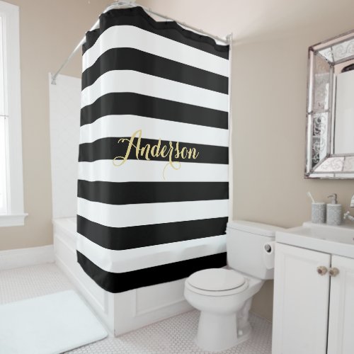 Modern Black White Stripes Gold Family Name Bath Shower Curtain