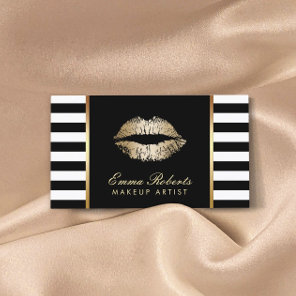Modern Black White Stripes Gold Lips Makeup Artist Business Card
