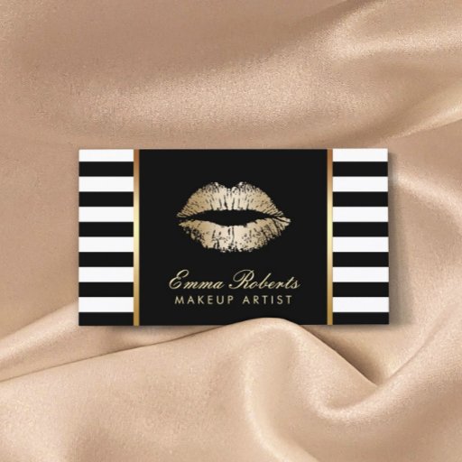 Customizable Modern Black White Stripes Gold Lips Makeup Artist Business Card