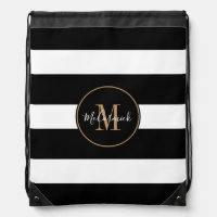 Modern Black White Stripes Gold Monogram Name