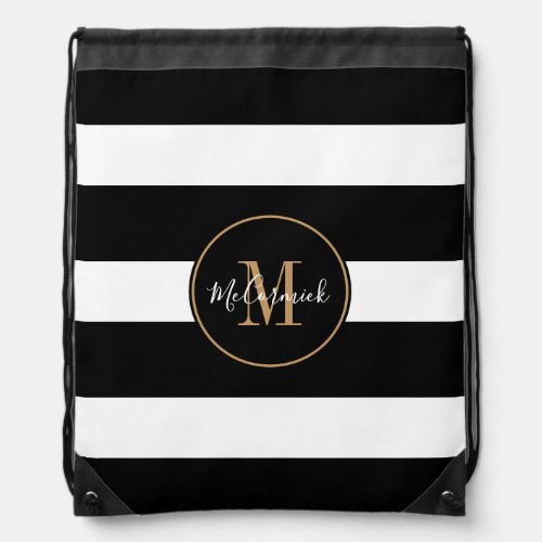 Modern Black White Stripes Gold Monogram Name Drawstring Bag