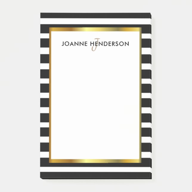 Modern black & white stripes gold monogram name post-it notes (Front)