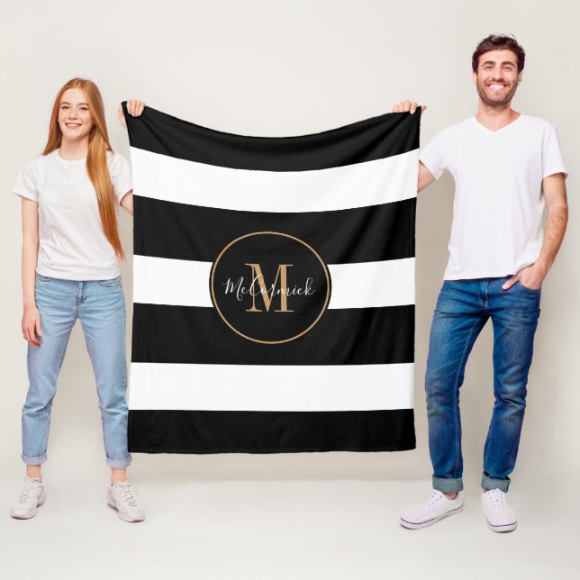 Modern Black White Stripes Gold Monogramed Name Fleece Blanket (In Situ)