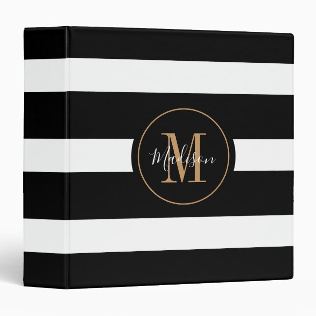 Modern Black White Stripes Gold Monogrammed  3 Ring Binder (Front/Spine)