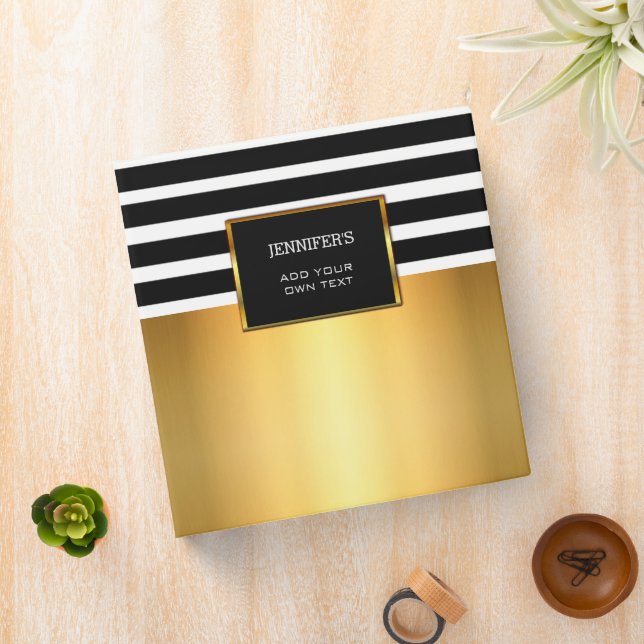 Modern black white stripes gold personal 3 ring 3 ring binder (In Situ)