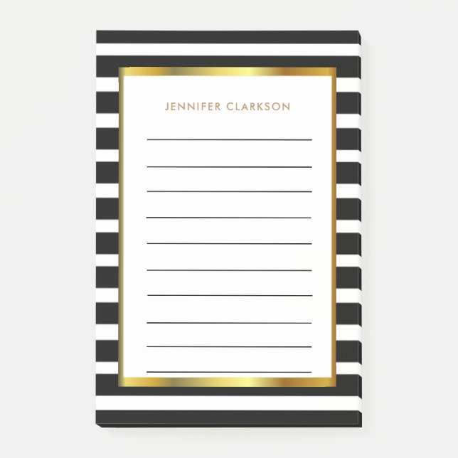 Modern black white stripes gold personalized post- post-it notes (Front)