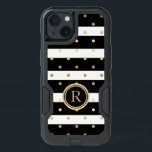 Modern Black & White Stripes & Gold Polka Dots iPhone 13 Case<br><div class="desc">Elegant modern horizontal black and white stripes with gold polka dots pattern. Custom monogram and gold accent.</div>