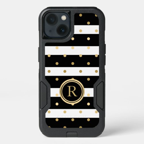 Modern Black  White Stripes  Gold Polka Dots iPhone 13 Case