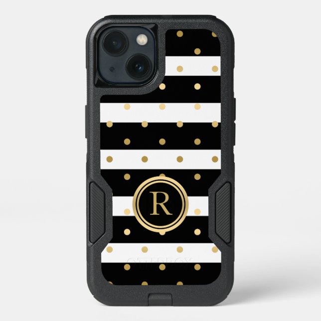 Modern Black & White Stripes & Gold Polka Dots Otterbox iPhone Case (Back)