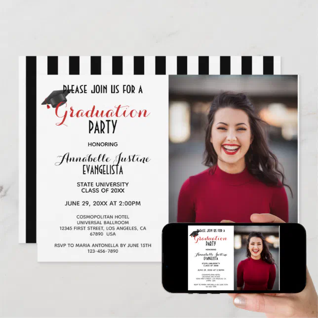 Modern Black & White Stripes Graduation Invitation | Zazzle