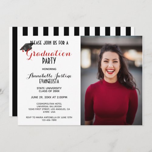 Modern Black  White Stripes Graduation Invitation