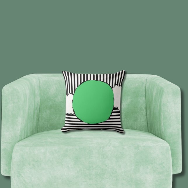Modern Black & White Stripes Green Dot Throw Pillow (Green Centered Circle Pillow)