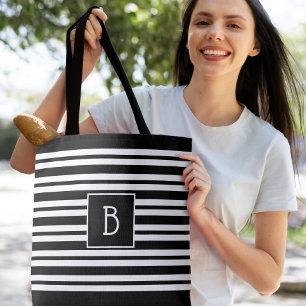 Modern Black White Stripes Initial Monogram Tote Bag