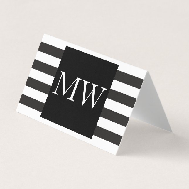 Modern Black White Stripes Monogram Business Card (Front)