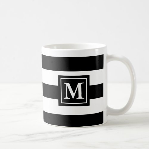 Modern Black  White Stripes Monogram Coffee Mug