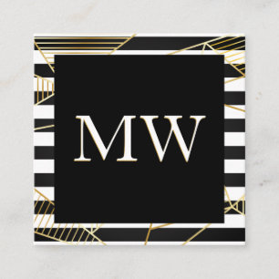 Modern Black White Stripes Monogram   Golden Poly Square Business Card