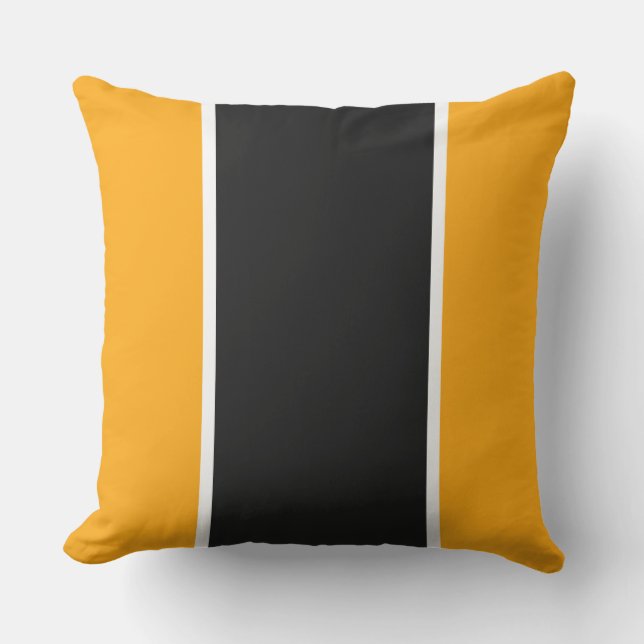 Modern Black White Stripes On Bright Yellow Orange Outdoor Pillow (Front)