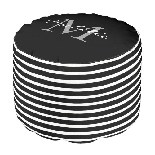 Modern black white stripes pattern monogram name pouf