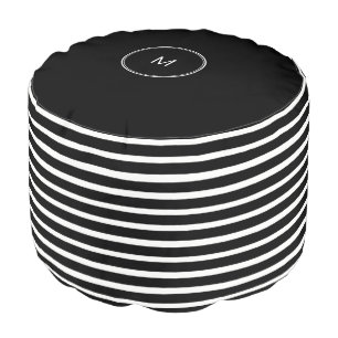 Modern black white stripes pattern monogram pouf