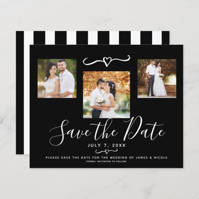 Modern Black & White Stripes Photo Save the Date (Front/Back)