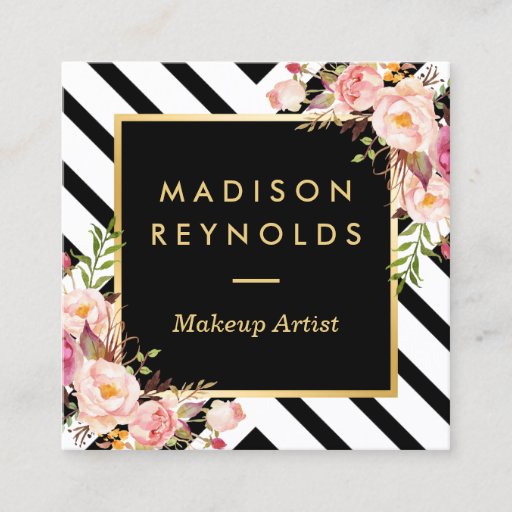 Customizable Modern Black White Stripes Pink Floral Gold Frame Square Business Card