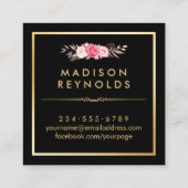 Modern Black White Stripes Pink Floral Gold Frame Square Business Card (Back)