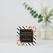 Modern Black White Stripes Pink Floral Gold Frame Square Business Card (Standing Front)