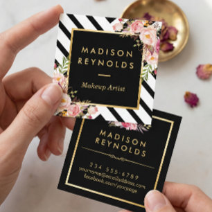 Modern Black White Stripes Pink Floral Gold Frame Square Business Card