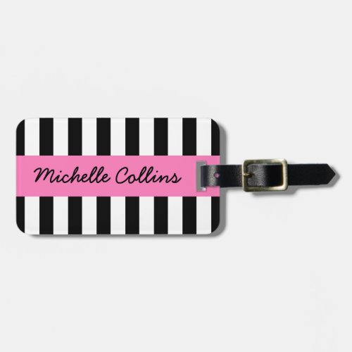 Modern black white stripes pink personalized name luggage tag