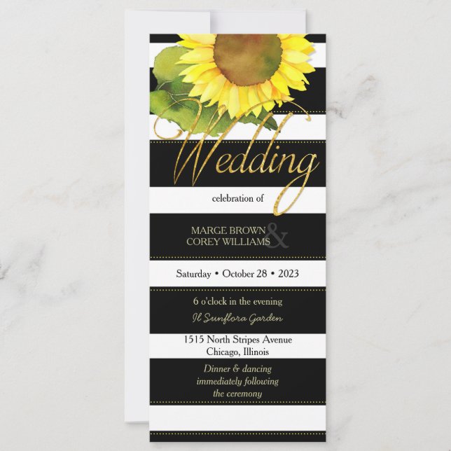 Modern Black White Stripes Sunflower Wedding Invitation (Front)
