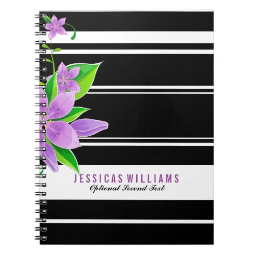 Modern Black  White Stripes With Purple Flowers Notebook