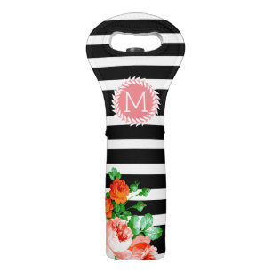 Modern Black & White Stripes, Wreath & Roses Wine Bag