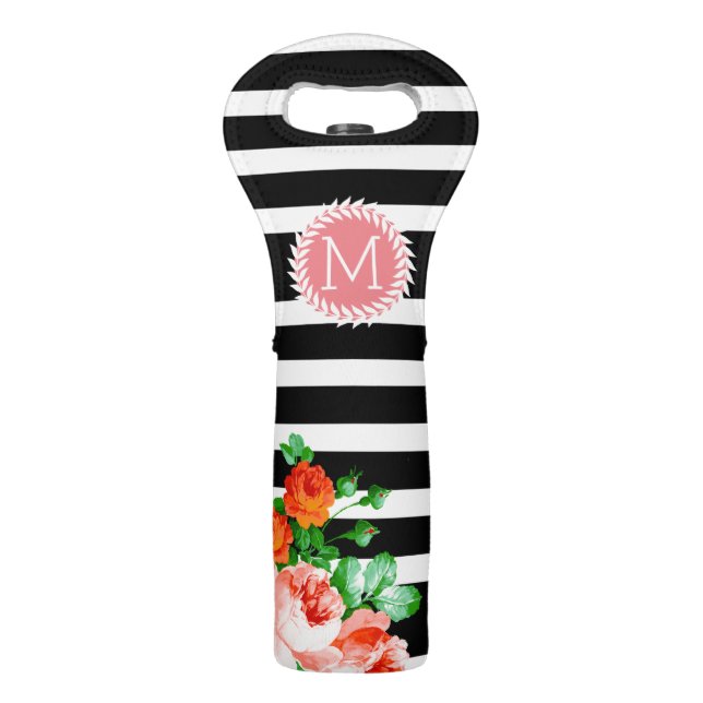 Modern Black & White Stripes, Wreath & Roses Wine Bag (Front)