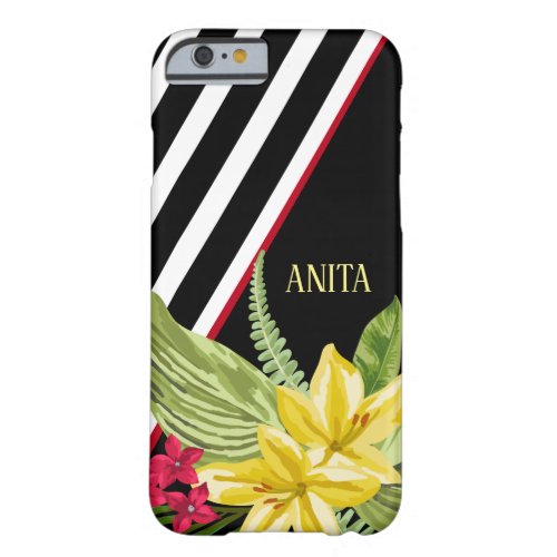 Modern Black White Stripes Yellow Exotic Flowers Barely There iPhone 6 Case