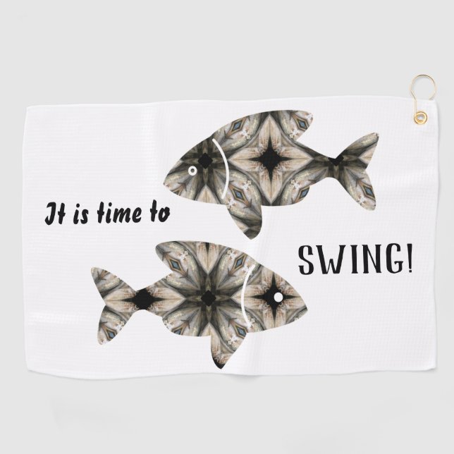 Modern Black White Stylish Fish Personalize Golf Towel (Horizontal)