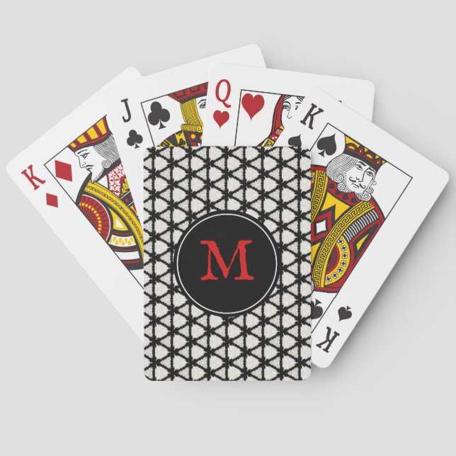 Modern Black White Stylish Pattern Monogram Poker Cards (Back)